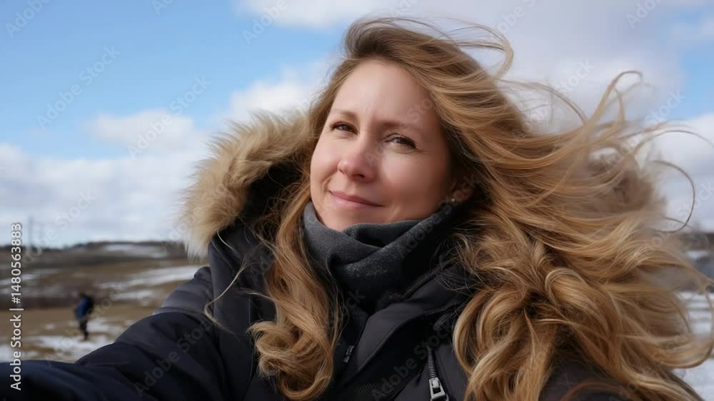 Joyful self-portrait with windblown hair and bright smile Joyful self-portrait with windblown hair and bright smile