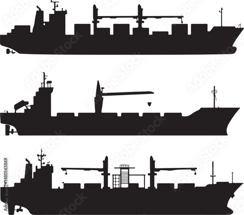 Silhouette of Shipping Vessels: This captivating image showcases an assortment of cargo ships. The stark silhouettes emphasize the sleekness of each vessel