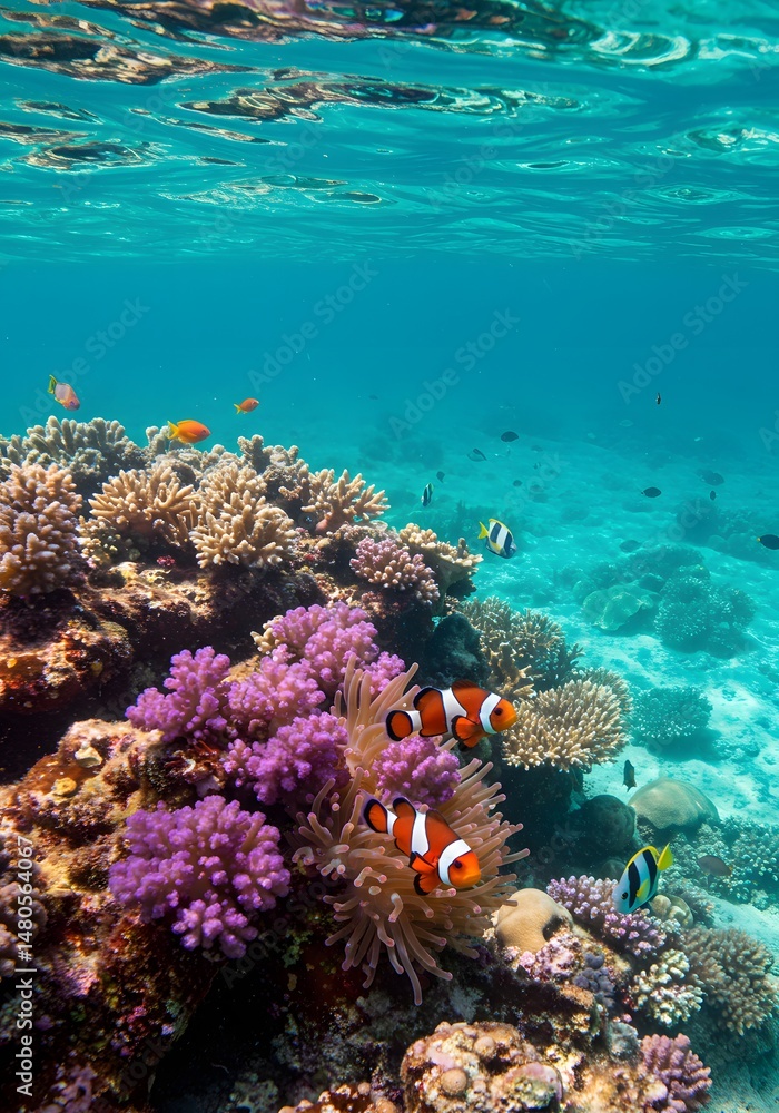 Fototapeta premium A stunning view of a vibrant coral reef teeming with clownfish and other marine species.