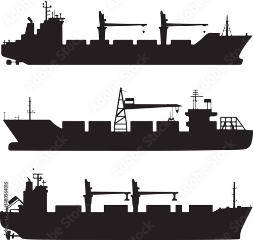 Silhouette of Shipping Vessels: This captivating image showcases an assortment of cargo ships. The stark silhouettes emphasize the sleekness of each vessel