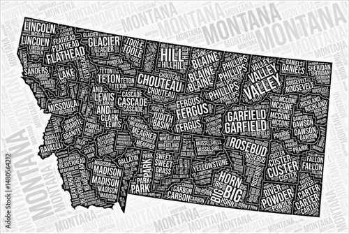 Montana counties map word cloud. Montana region names. Black and white map design. Amazing vector illustration.