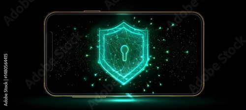 Futuristic cybersecurity shield  glowing blue protection layers and firewall concept on black phone
