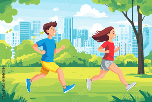 Young Couple Jogging in Urban Park