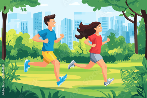 Young Couple Jogging in Urban Park