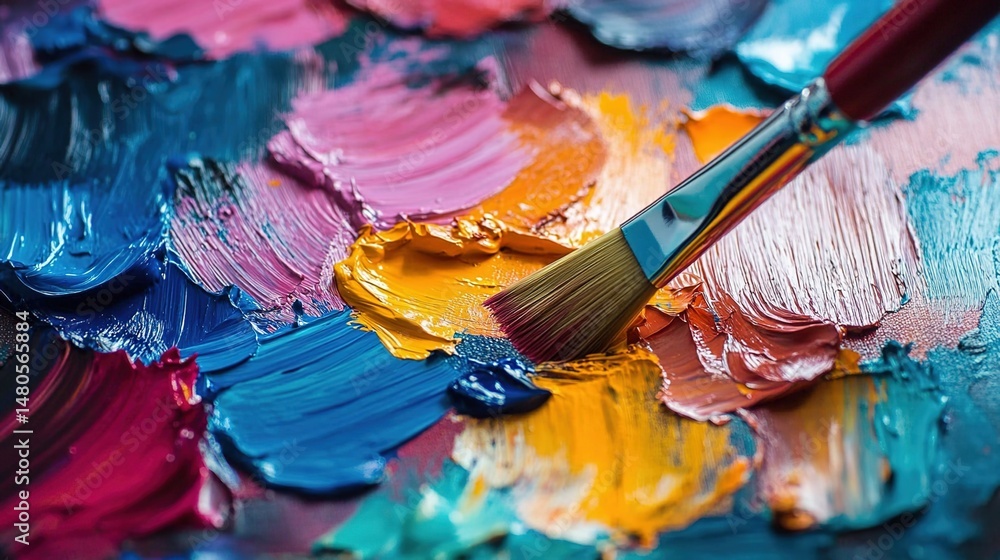 Fototapeta premium Paintbrush on a Palette with Mixed Colors