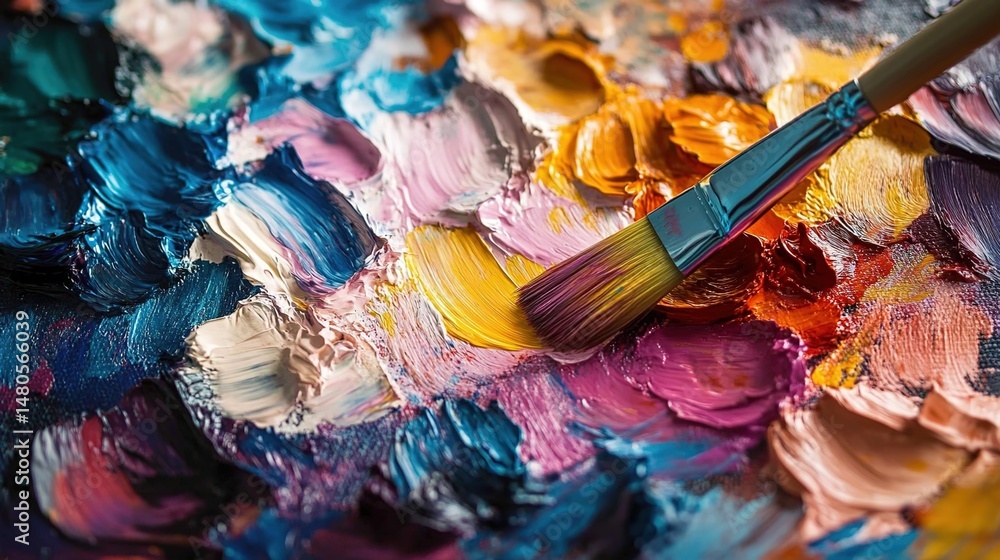 Fototapeta premium Paintbrush on a Palette with Mixed Colors