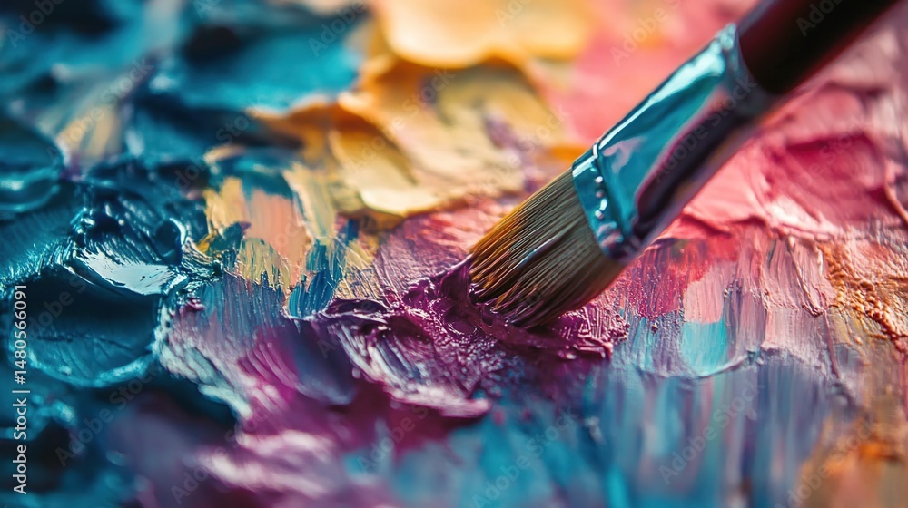 Obraz premium Close-up of a paintbrush on a colorful palette