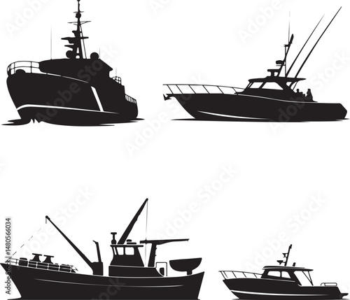 Silhouette of Shipping Vessels: This captivating image showcases an assortment of cargo ships. The stark silhouettes emphasize the sleekness of each vessel