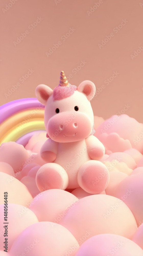 Cute Pink Unicorn Plush Toy Sitting on Clouds with Rainbow in Background Studio Shot Cute Pink Unicorn Plush Toy Sitting on Clouds with Rainbow in Background Studio Shot
