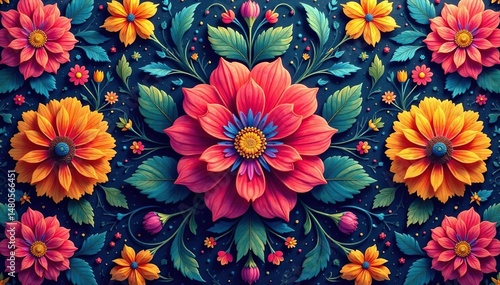 Intricate, repeating floral design in vibrant hues, orchid, bloom, garden