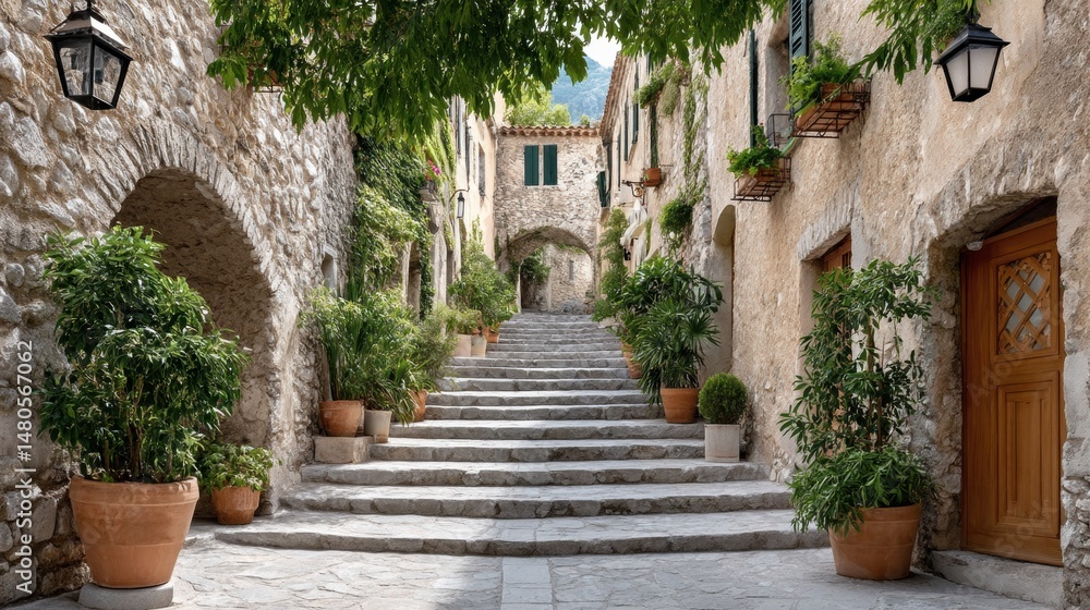 Fototapeta premium Authentic Charm of Old Mediterranean Town: Alleyway Staircase with Potted Plants and Worn Textures