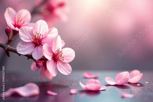 Delicate pink cherry blossoms, scattered petals, soft focus, pattern, light pink, tree