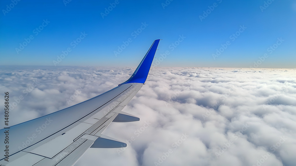 Obraz premium Airplane wing above a sea of clouds against a bright blue sky.