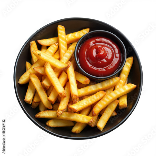 Crispy golden french fries with ketchup in bowl delicious snack fast food isolated on transparent background