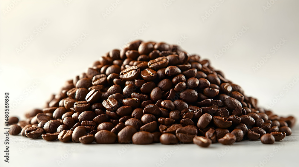 Fototapeta premium Pile of Roasted Brown Coffee Beans on White Background