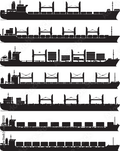 Silhouette of Shipping Vessels: This captivating image showcases an assortment of cargo ships. The stark silhouettes emphasize the sleekness of each vessel