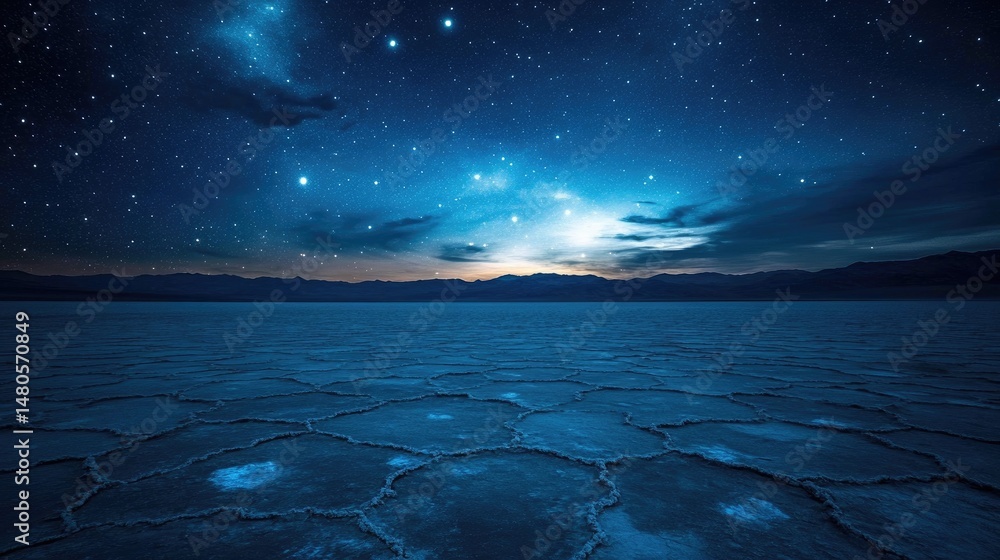 Fototapeta premium Constellation-rich night sky seen from a dry salt flat stretching to the horizon