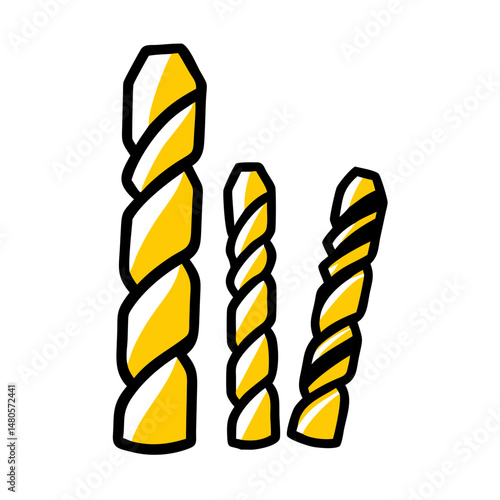 Three yellow drill bits in varying sizes on a white background  
