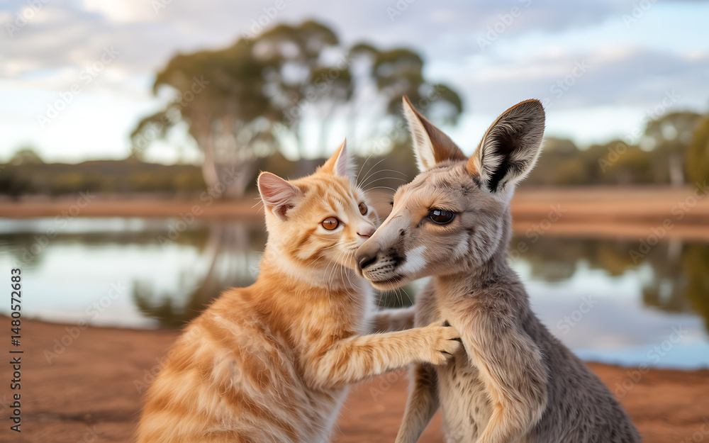 outback scene during golden hour, showing a fluffy ginger cat playfully nuzzling a gentle young kangaroo beside a billabong outback scene during golden hour, showing a fluffy ginger cat playfully nuzzling a gentle young kangaroo beside a billabong