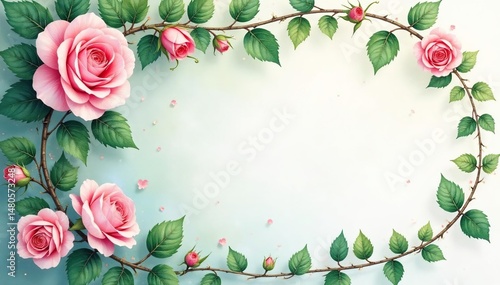 Delicate watercolor roses, climbing vines, lush green leaves , floral design, climbing roses