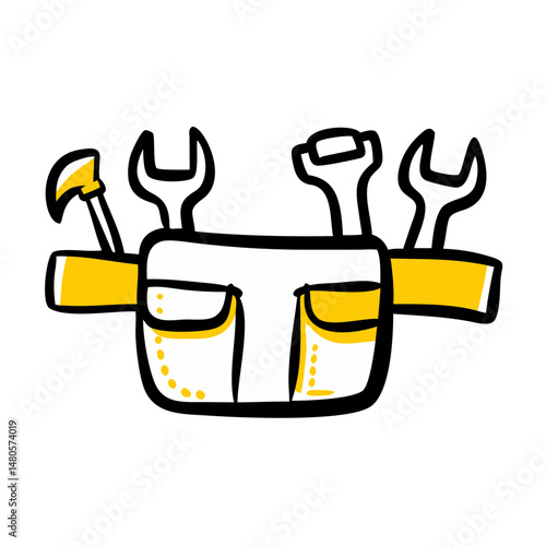 Tool belt with various tools in a simple, colorful design  