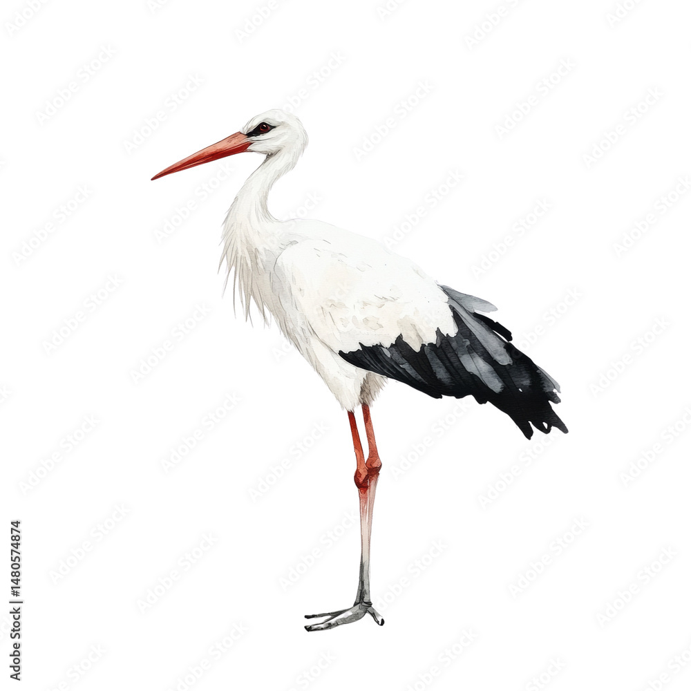 Fototapeta premium Elegant Watercolor Stork Illustration Against a Clean White Backdrop