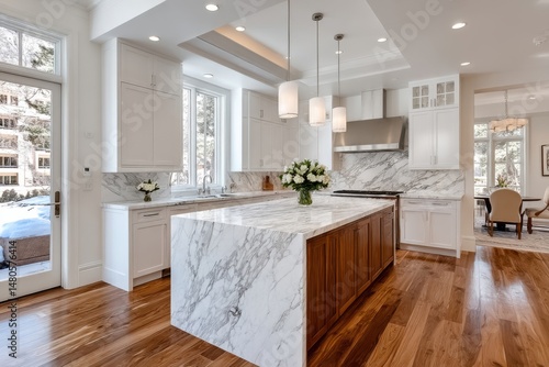 Modern kitchen design featuring marble countertops and wooden accents in a spacious home