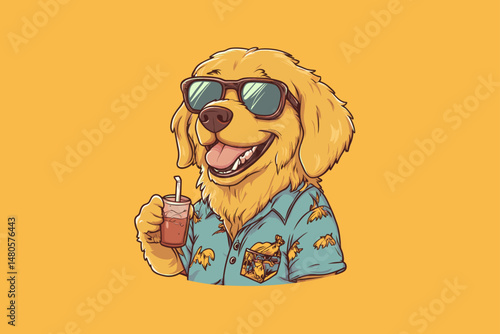 Summer Vibes: Cartoon Dog in Sunglasses with Drink