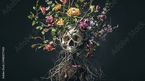 skeleton and skull intertwining colorful flowers on dark background