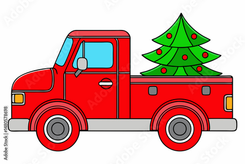 red truck with Christmas tree on white