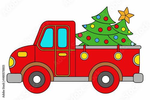 red truck with Christmas tree on white
