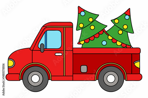 red truck with Christmas tree on white