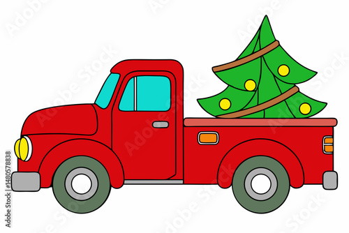 red truck with Christmas tree on white