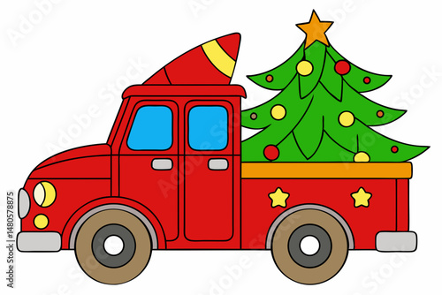 red truck with Christmas tree on white
