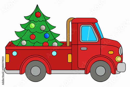 red truck with Christmas tree on white