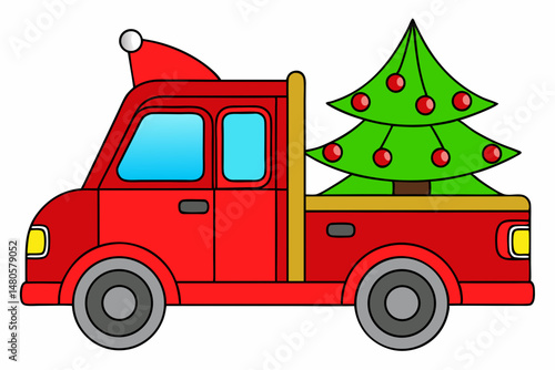 red truck with Christmas tree on white