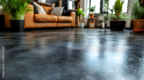 Wallpaper Mural Reflective Dark Polished Concrete Floor in Modern Living Room Torontodigital.ca