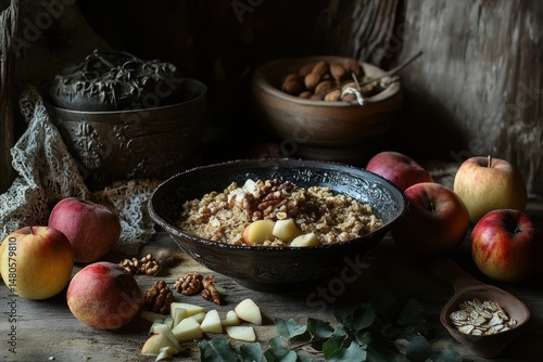 Rustic bowl of oatmeal with apples and walnuts