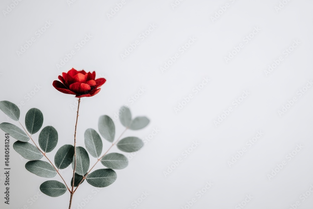 Fototapeta premium Single Red Flower with Green Leaves - A single, dark red flower with green leaves against a white background. Simple, elegant, and minimalist
