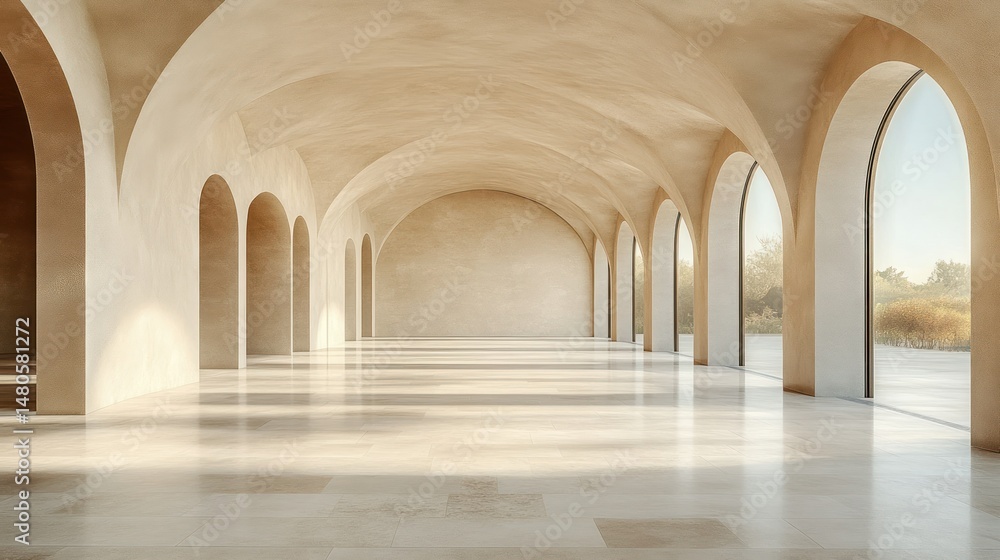 Fototapeta premium Empty, beige, arched hall with large windows