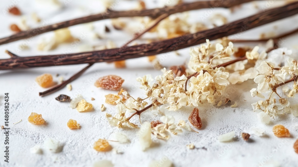 Fototapeta premium Dried flowers and twigs on a white textured surface with scattered dried fruit pieces.