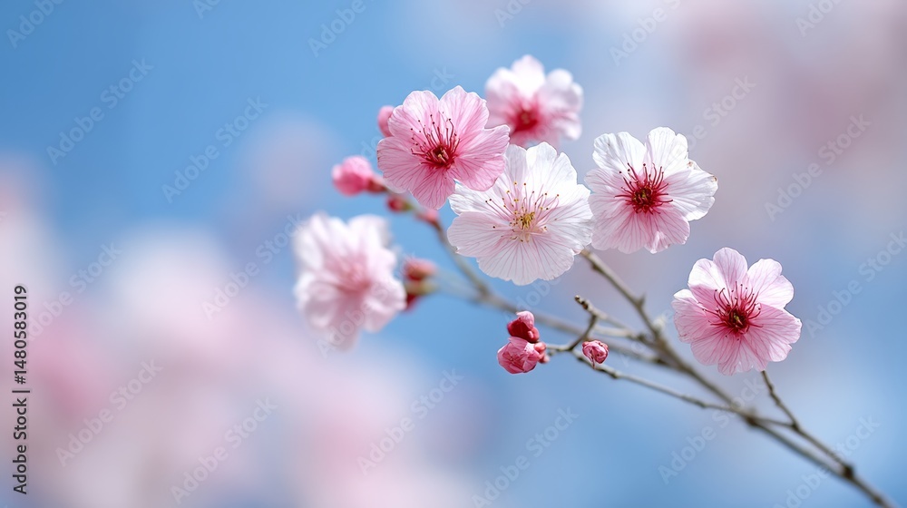 Fototapeta premium Springtime Blossom Meadow - Delicate pink and purple flowers in a spring meadow, symbolizing new beginnings, growth, beauty, renewal and tranquility