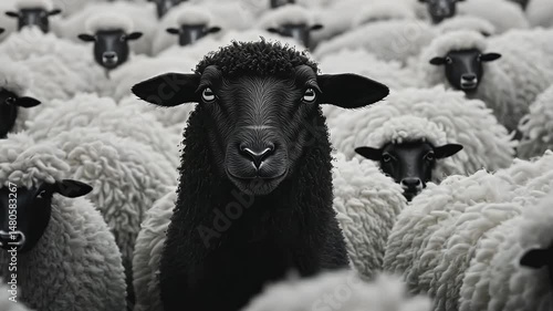 Black Sheep Standing Out Among White Sheep in Flock