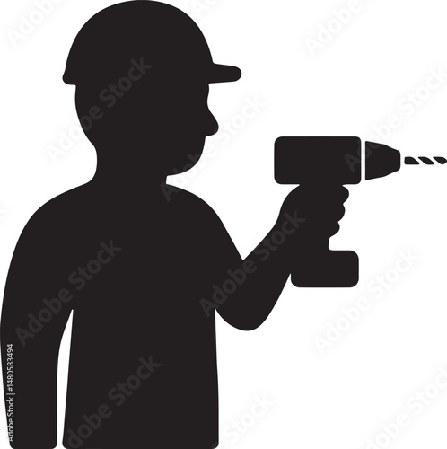 Worker Man Holding Drill Tool Silhouette Construction Vector Illustration