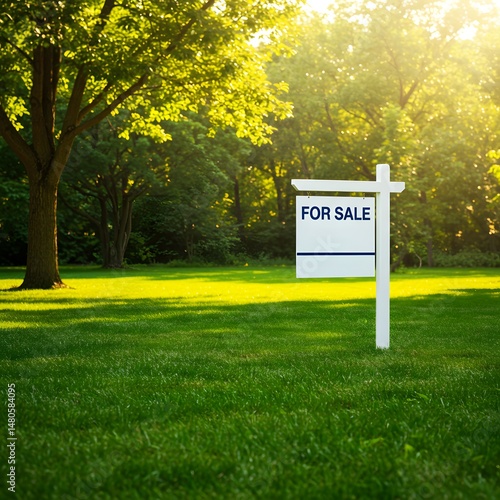 Wallpaper Mural Real Estate For Sale Sign in Lush Green Yard, Trees, Sunlight, Property, Outdoors. Torontodigital.ca