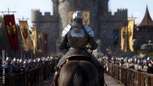 A knight clad in shining armor rides a horse towards a majestic medieval castle. Festive banners flutter around as spectators eagerly await the tournament's start, creating a vibrant atmosphere
