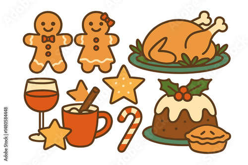 A seasonal food collection for holidays, ideal for Christmas, New Year, and other celebrations, as well as invitations and greeting cards, presented as an editable vector illustration