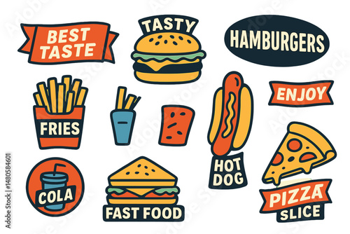 A set of vector stickers featuring retro fast food is available, along with colorful badges for a junk food cafe