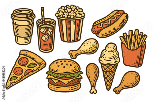 Vector icons of isolated fast food meals include coffee, cola, popcorn, and hot dog, as well as pizza, cheeseburger, ice cream in a waffle cone, chicken leg, french fries, and a cola beverage