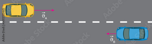 Different colored vehicles moving at different speeds. Physics lesson example.
